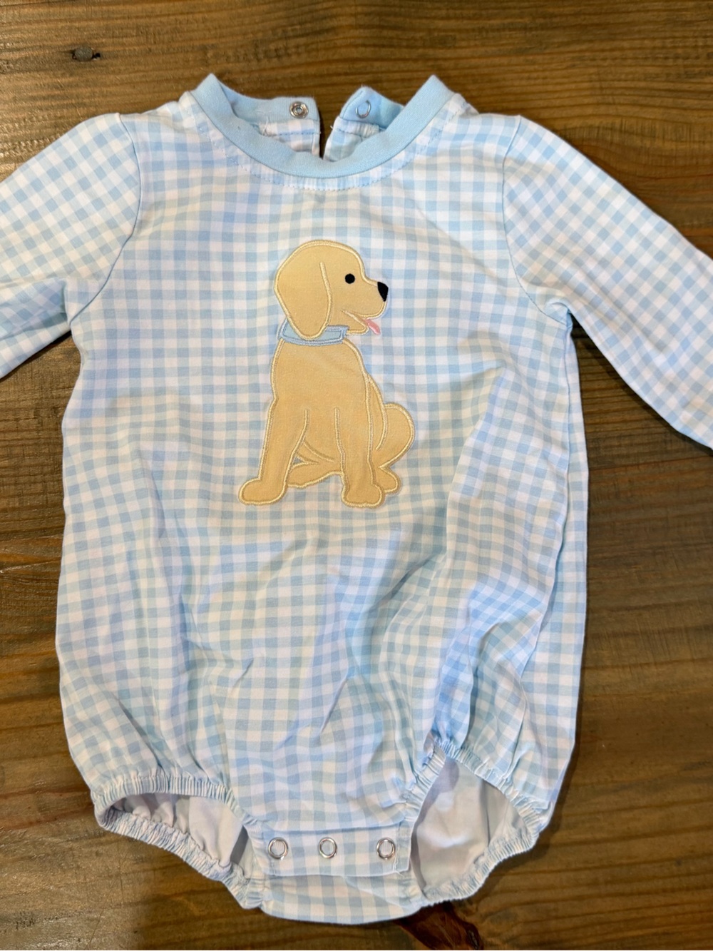 Boutique Light Blue Gingham Baby Bubble Romper with Puppy Appliqué